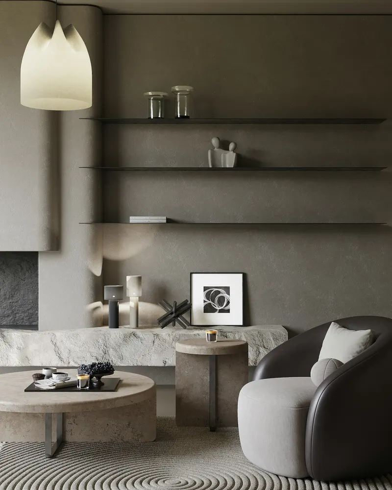 Warm minimalist living room styled with sculptural décor